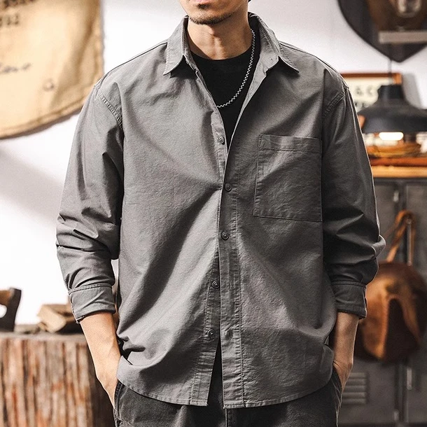 美式复古21支纯棉牛津纺衬衫男长袖春季潮牌2025新款简约休闲衬衣