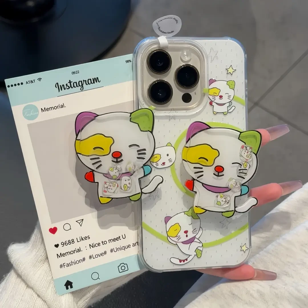 适用苹果16pro小怪猫摇摇乐支架大孔手机壳华为vivo小米15oppo