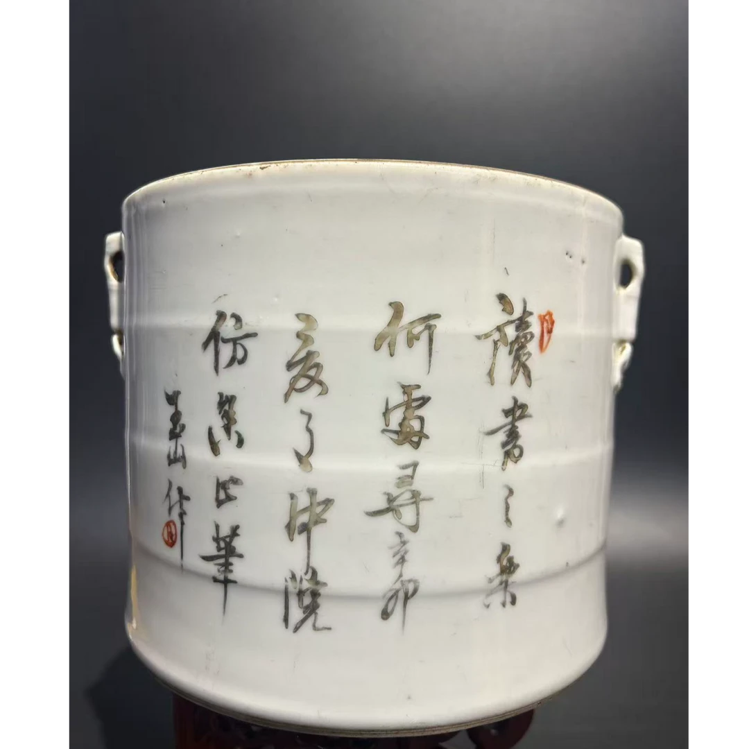 C-A0831027 清光绪 粉彩人物故事诗文 四耳罐 高度7.2 宽度10.4