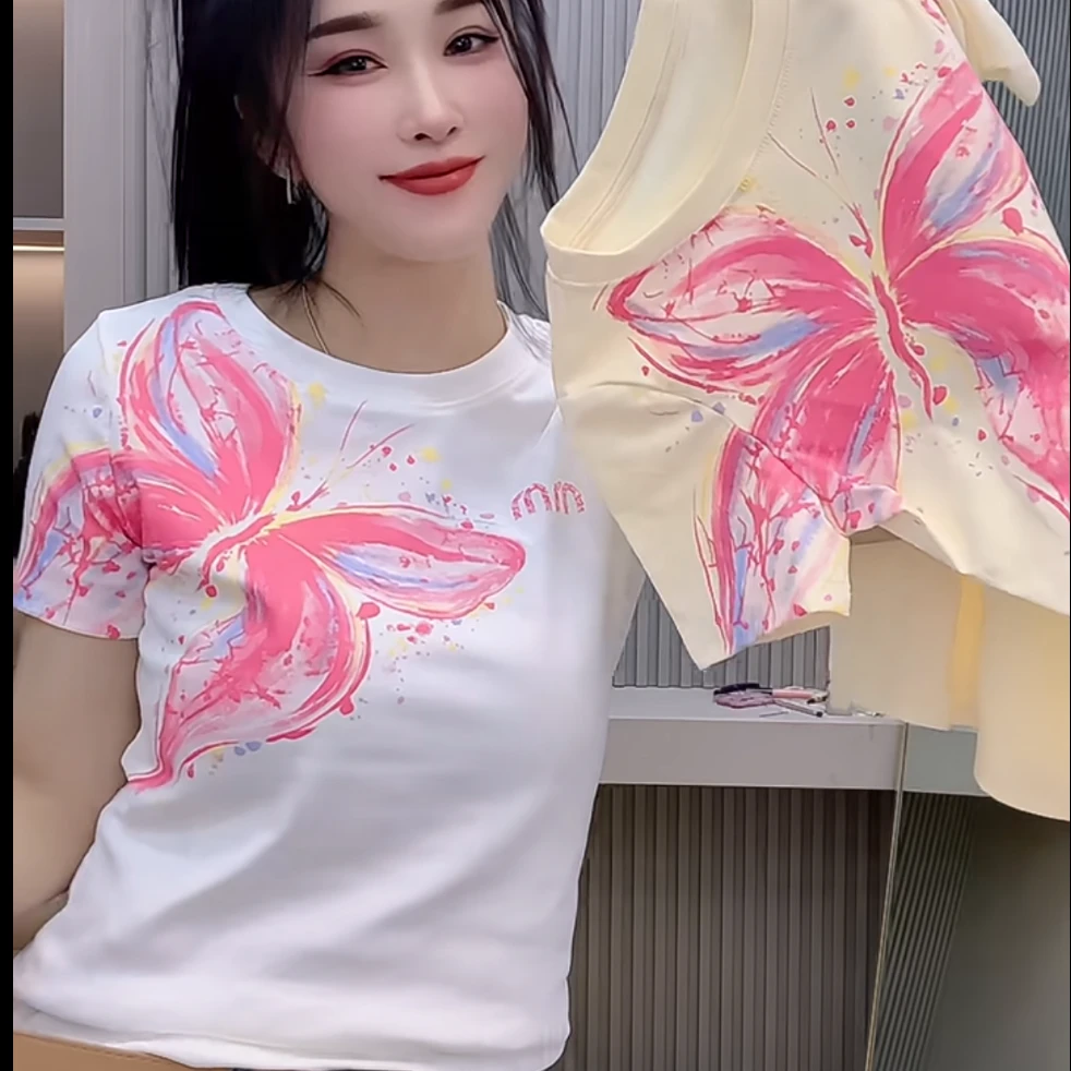 设计感潮流重工蝴蝶发泡短袖t恤女春夏季新款百搭休闲上衣5801