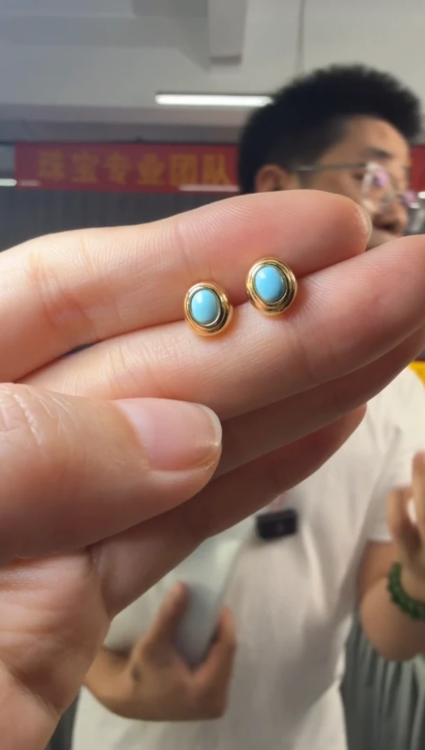 银S925镶嵌绿松石耳饰原矿绿松蛋面银镶耳钉