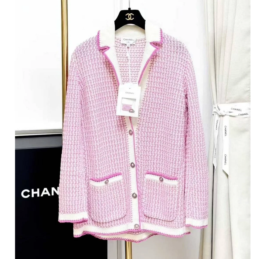 99新 Chanel/香奈儿 38码22P粉紫色拼白色格纹翻领针织开衫