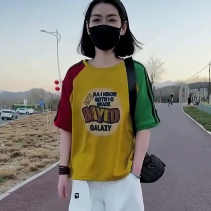 夏季欧货重工洋气显瘦运动时尚休闲百搭宽松拼色减龄女装短袖T恤