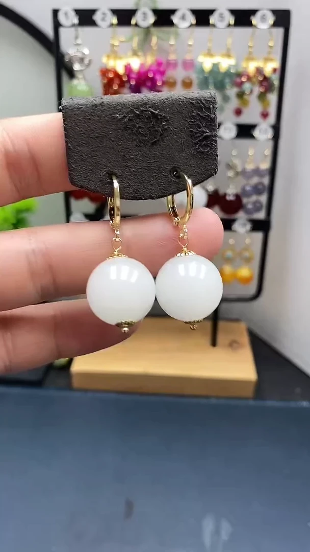 和田玉银S925镀金镶嵌耳饰尺寸16mm耳扣77