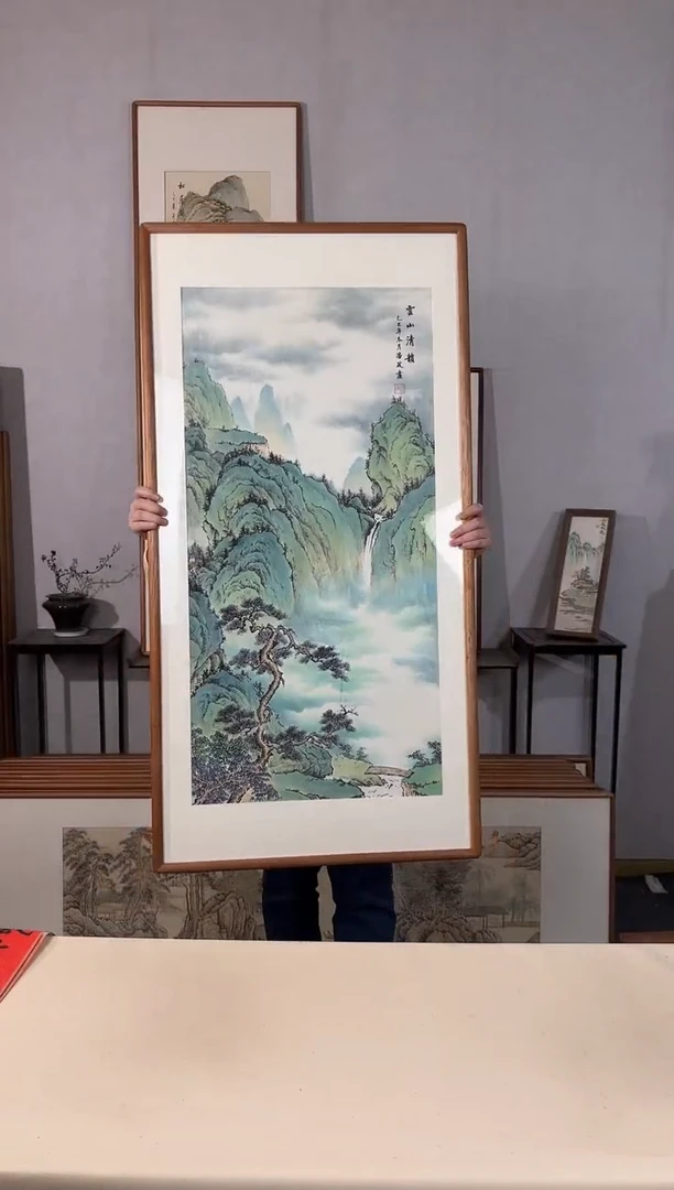 国画手绘*云山清韵*62*122cm原木色木框