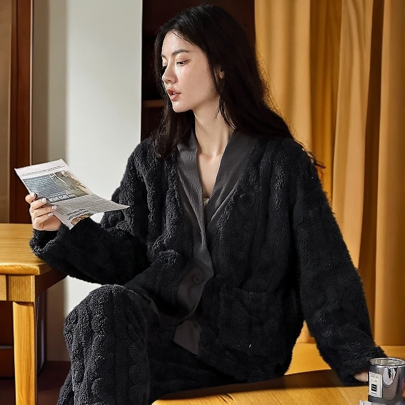 1229睡衣V领排扣款图案毛茸茸女士睡衣冬季保暖长袖大码睡衣