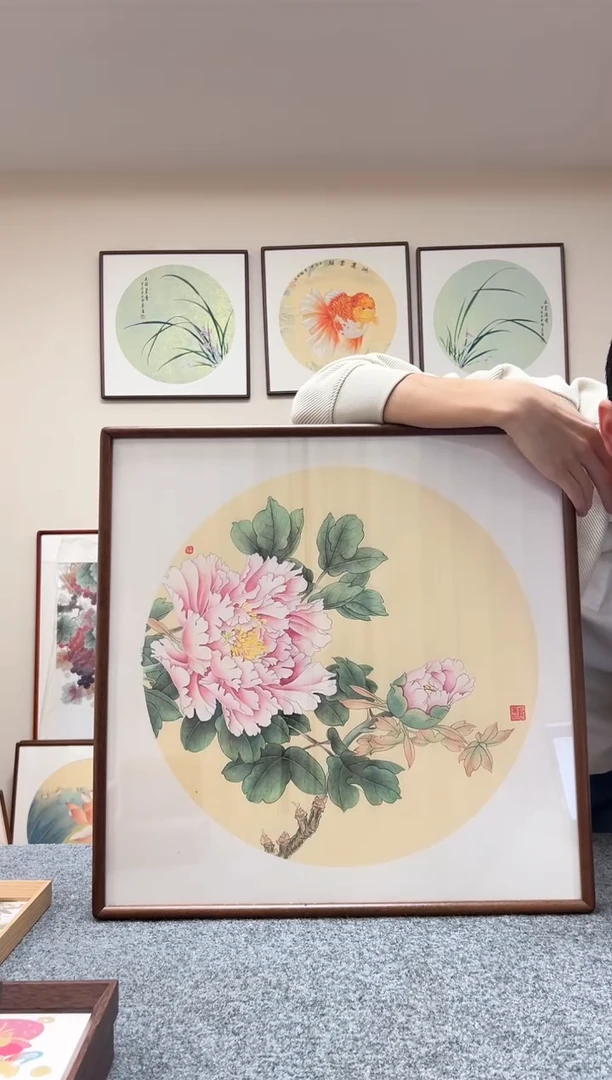 【闪购商品】书法三尺斗方工笔牡丹52x52cm胡桃木