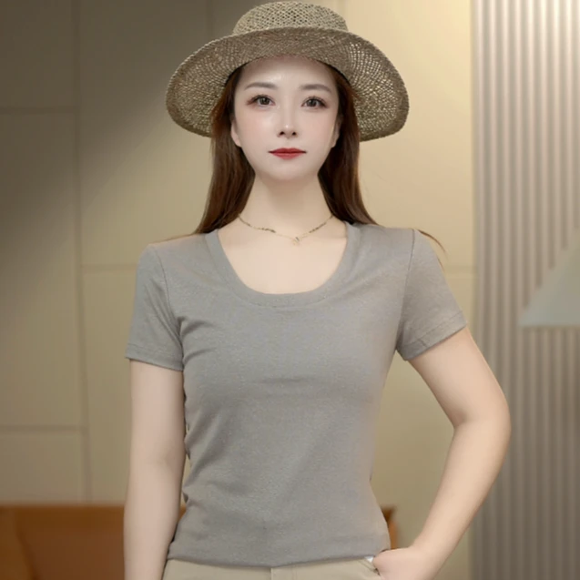 LILI【 U 领纸片人】亚麻+莱赛尔简约T恤舒适百搭纯色正肩 770691