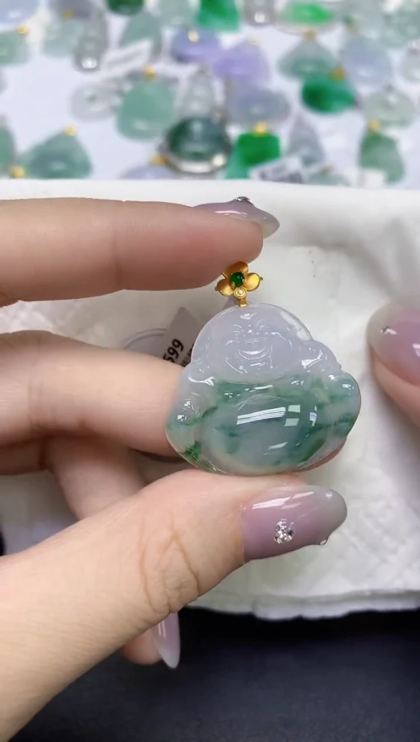 颈饰18K金镶嵌翡翠天然缅甸翡翠A货百元以上9元证书费自理