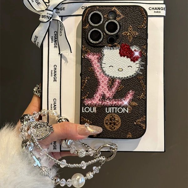 kt猫皮质全包点钻适用苹果16promax手机壳iphone15/14/13女款12链