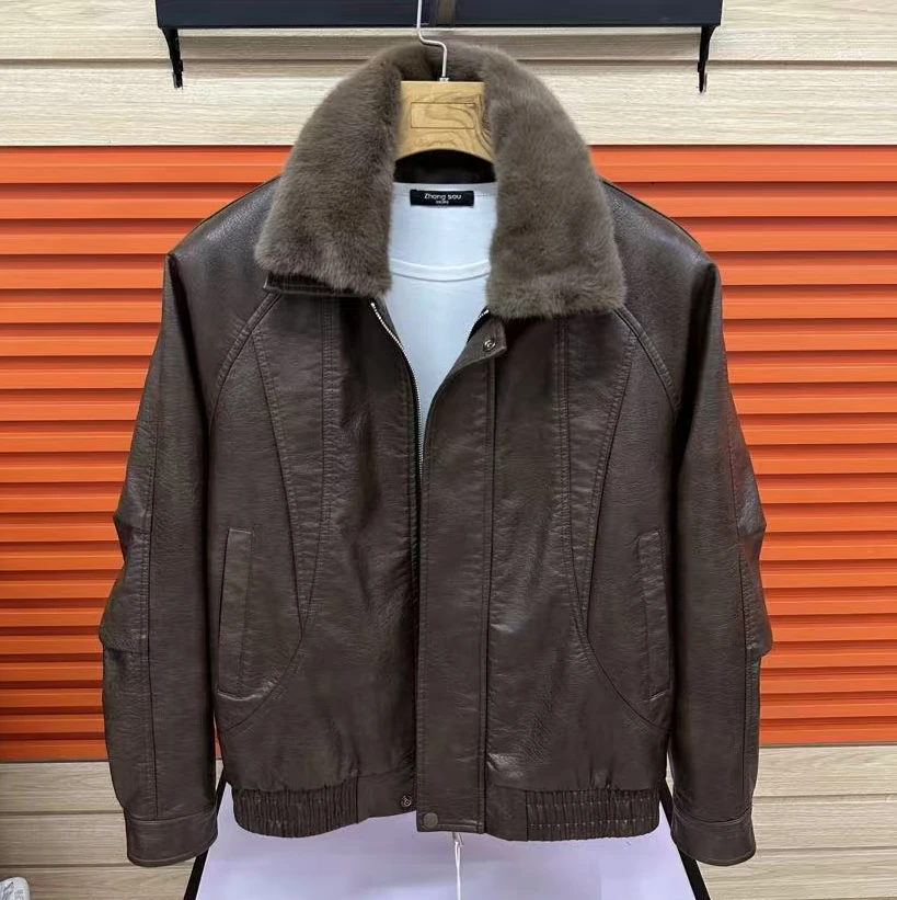 新款高品质男士翻领休闲加绒皮衣夹克外套