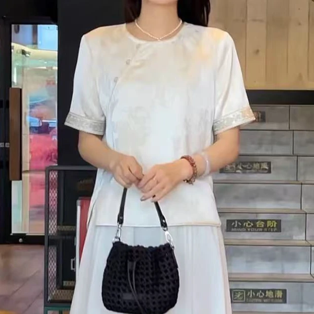 269【晴栀】气质短袖高奢薄款斜襟常规轻奢重工提花上衣圆领T恤