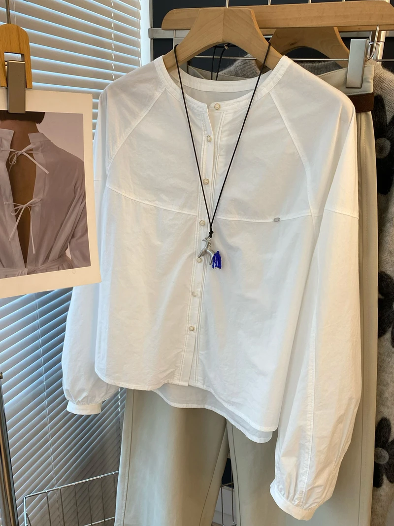 1537纯棉简约风韩国东大门气质单排扣宽松圆领长袖衬衫秋白色衬衣