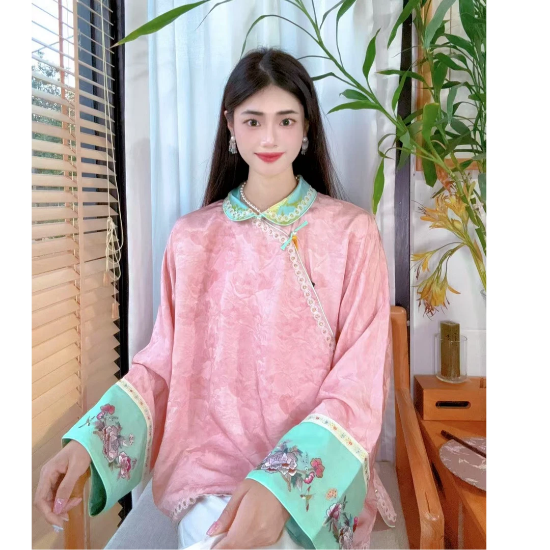 桑蚕丝拼接漳缎上衣