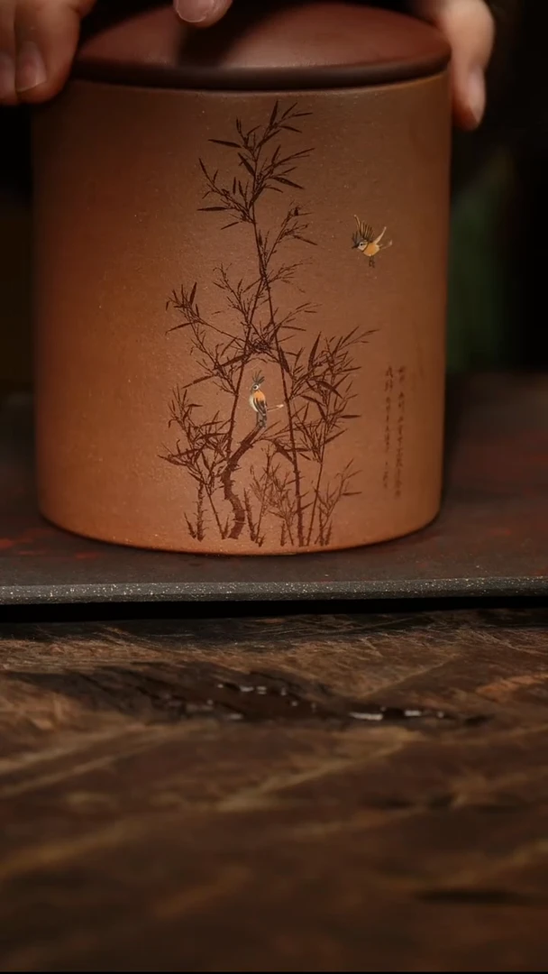 紫砂茶叶罐段泥粉浆茶叶罐竹鸟