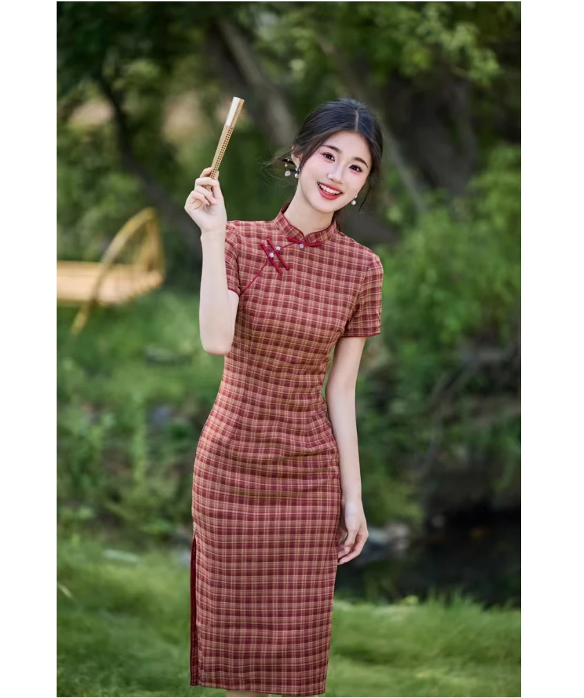 【格子】夏季中长旗袍 短袖时尚小个子格子旗袍复古经典文艺民国风