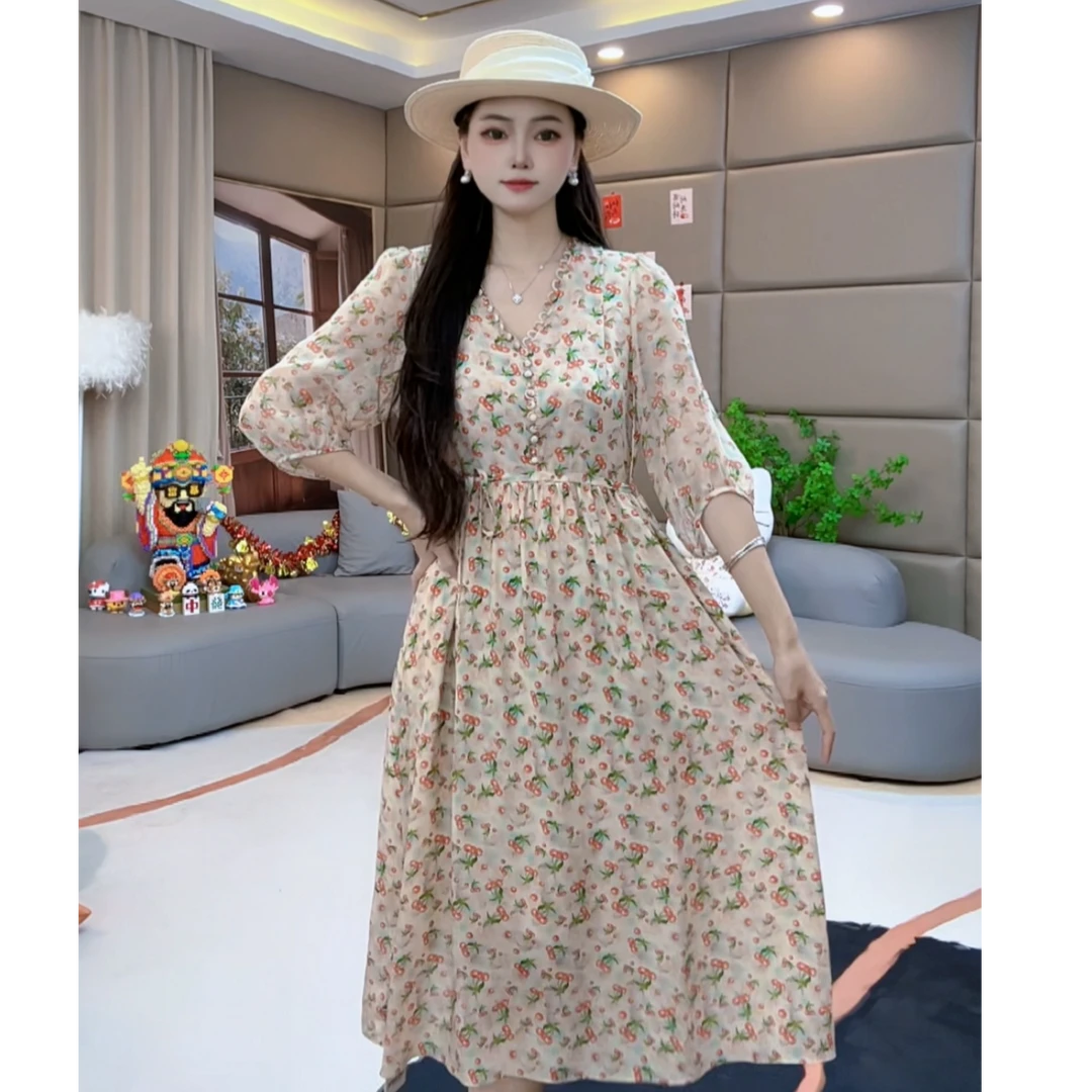 “雅卉仙裙” V领显瘦时尚印花休闲气质真丝连衣裙 80037