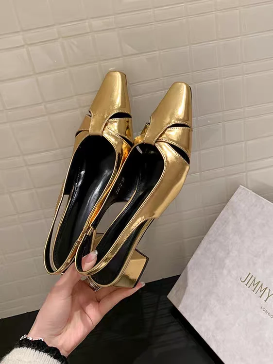 【金银色】女包头镂空粗跟中跟透气女鞋后绊带单鞋