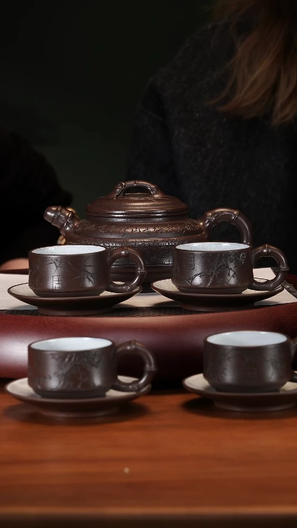 【闪购商品】紫砂茶壶2-83ZWP双线竹鼓套组老紫泥600c