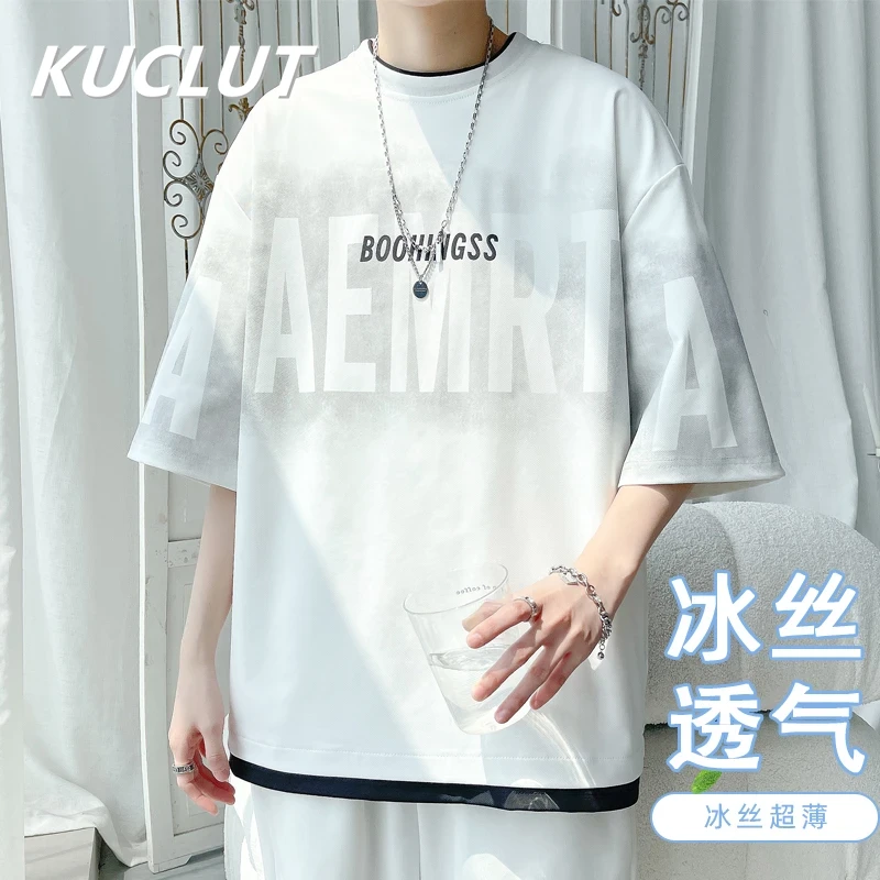 大码夏季短袖t恤男冰丝薄款潮流运动休闲宽松半袖男生夏季穿搭