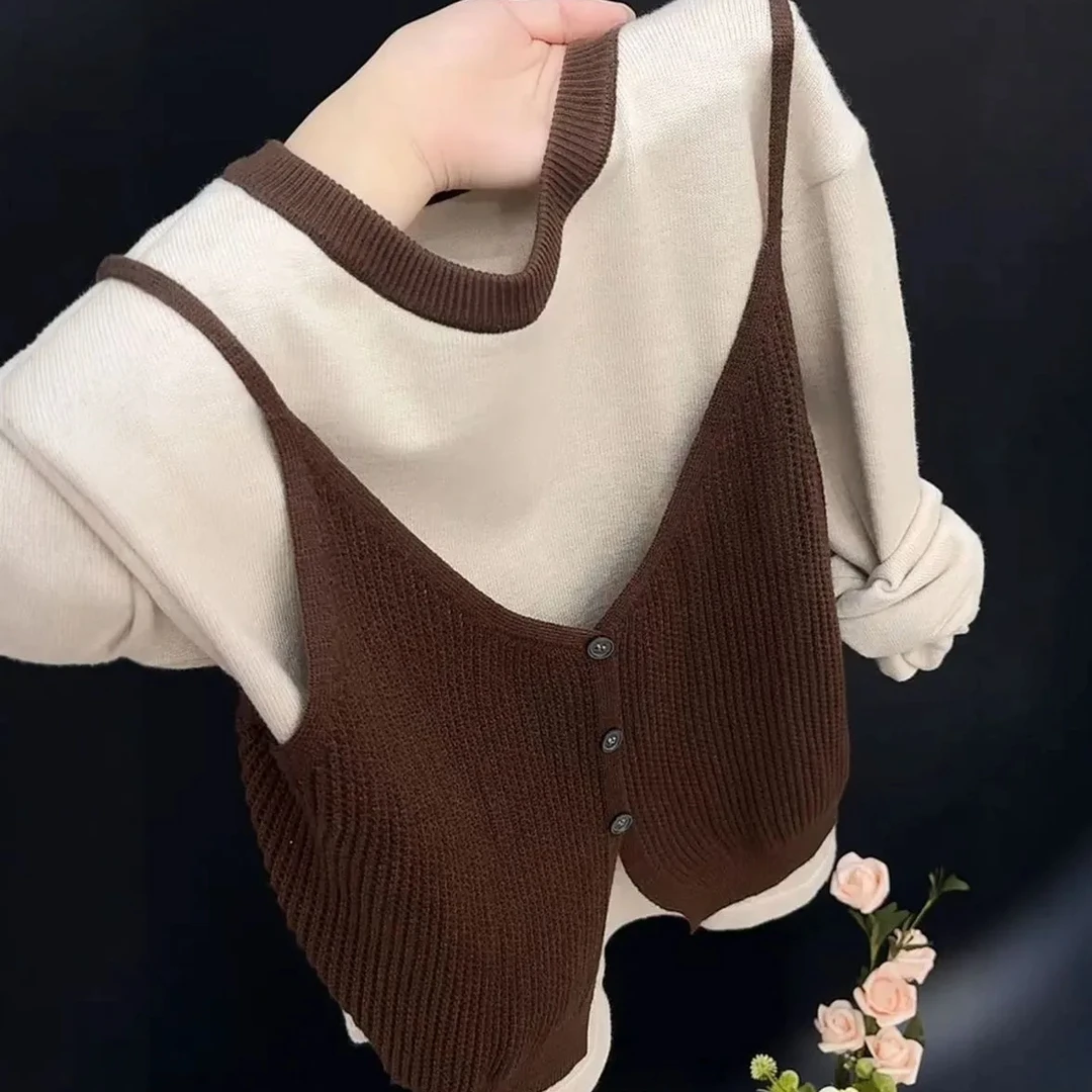 韩系时尚针织衫假两件上衣秋冬新款时髦洋气拼色毛衣设计感套头