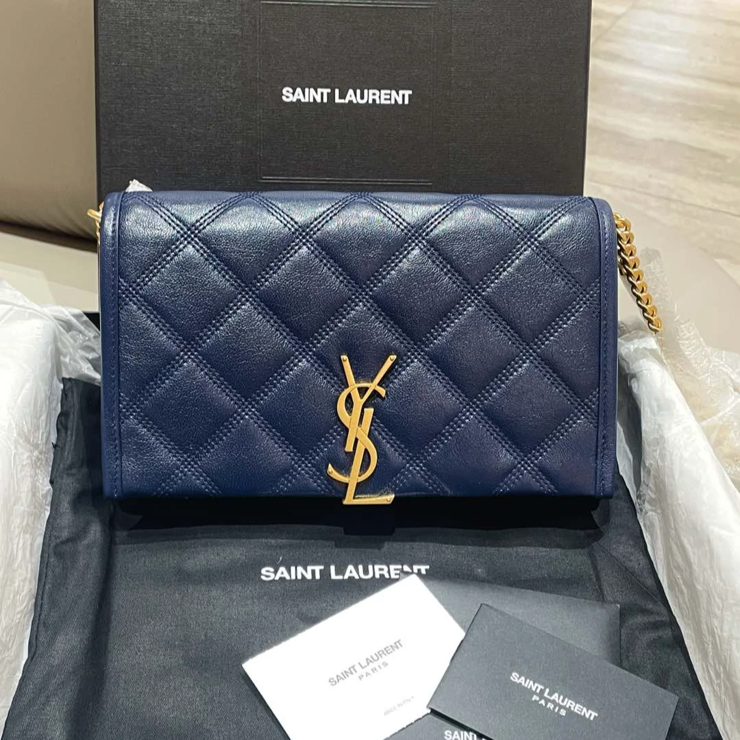 99新 YSL/圣罗兰 becky woc 深海蓝金扣复古优雅斜挎包
