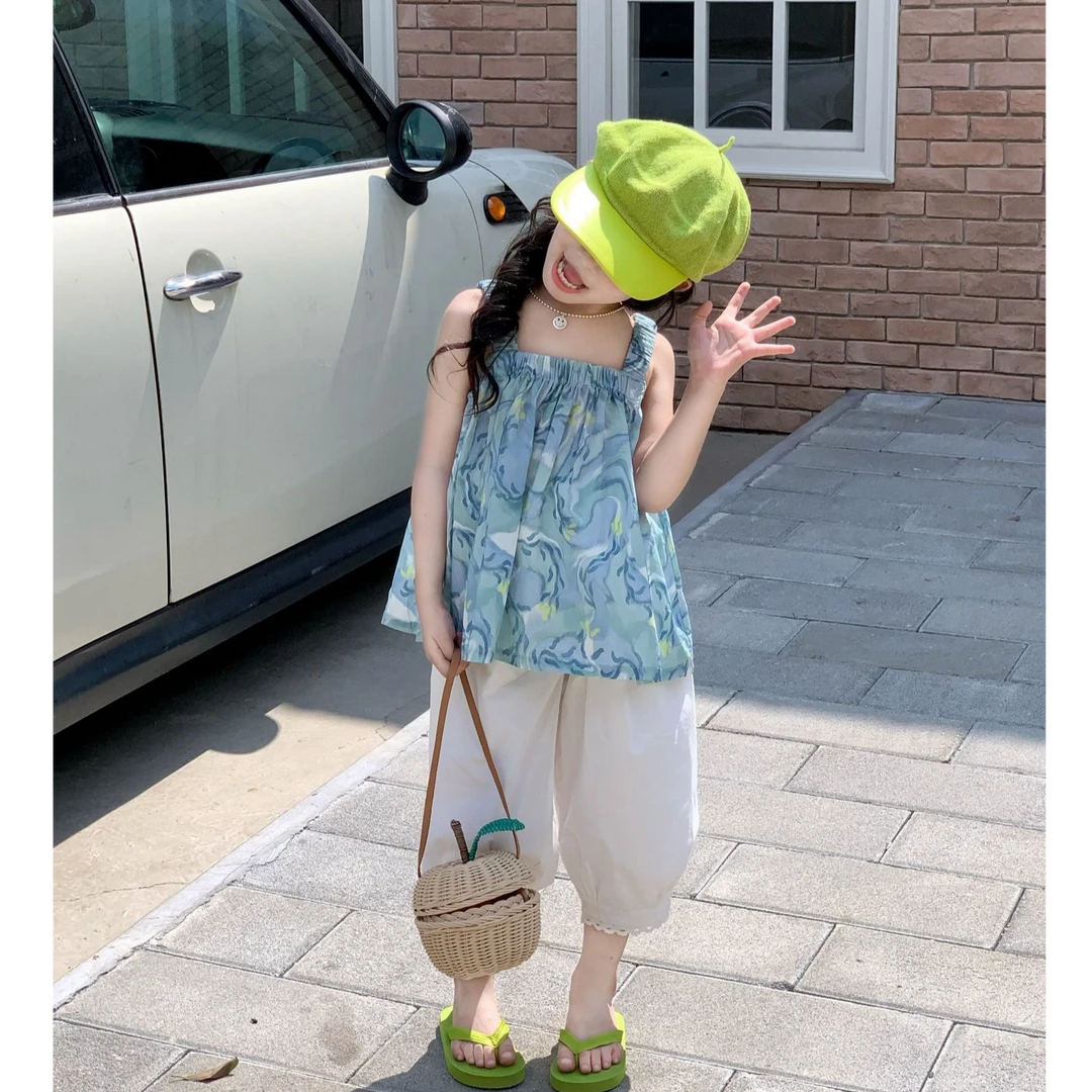 壹妈童装女童夏套装2025新款洋气时髦女大童夏季女宝蓝色印花吊带