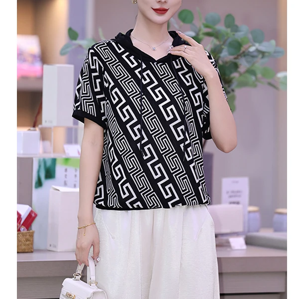 【连帽短袖】减龄印花遮肉休闲帽衫夏款显瘦气质福利