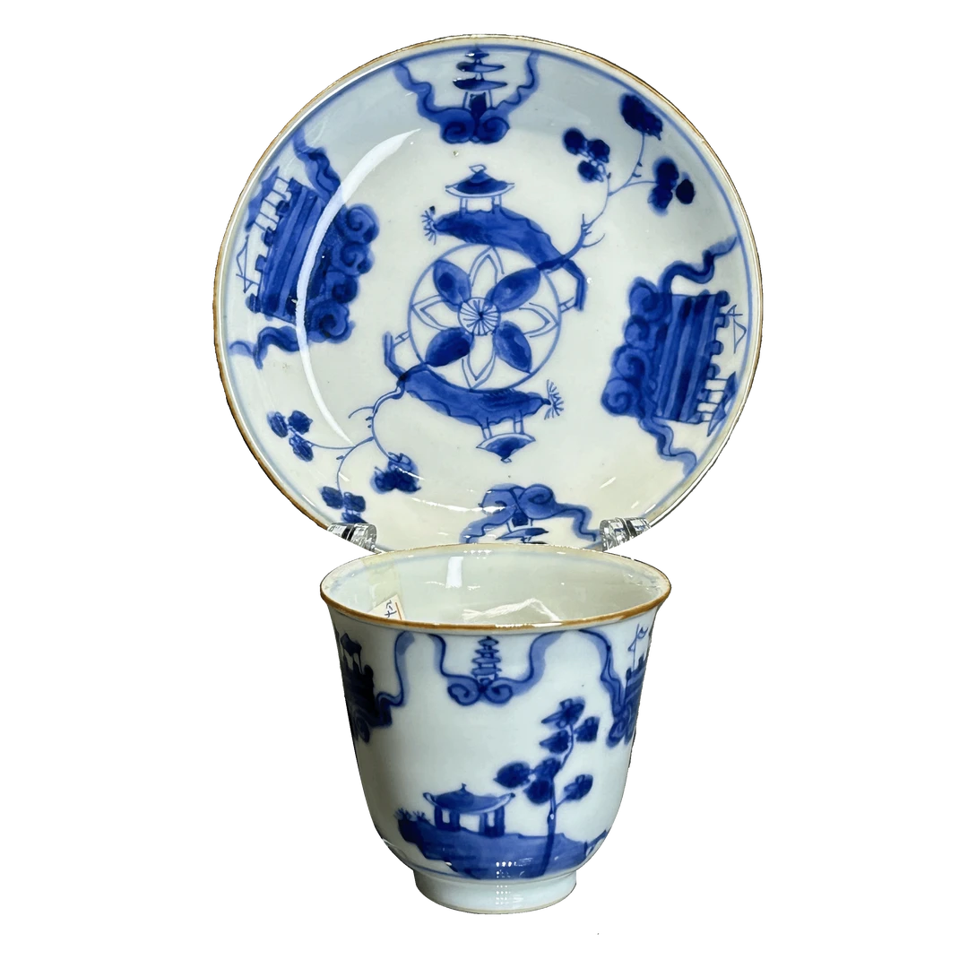 25010654x青花亭台山水纹杯碟套