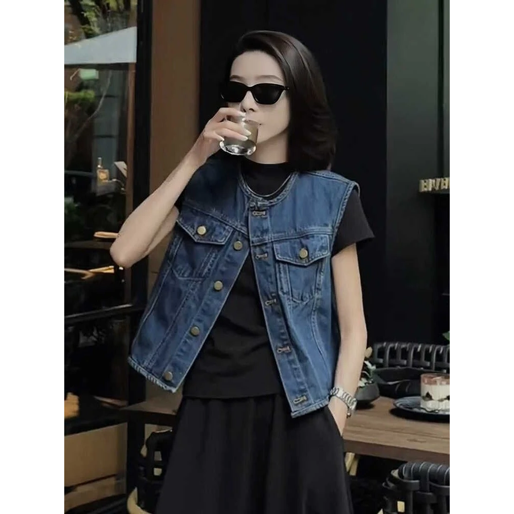 蓝色牛仔外套女2025春夏新款外搭无袖背心马甲夏季女短款上衣