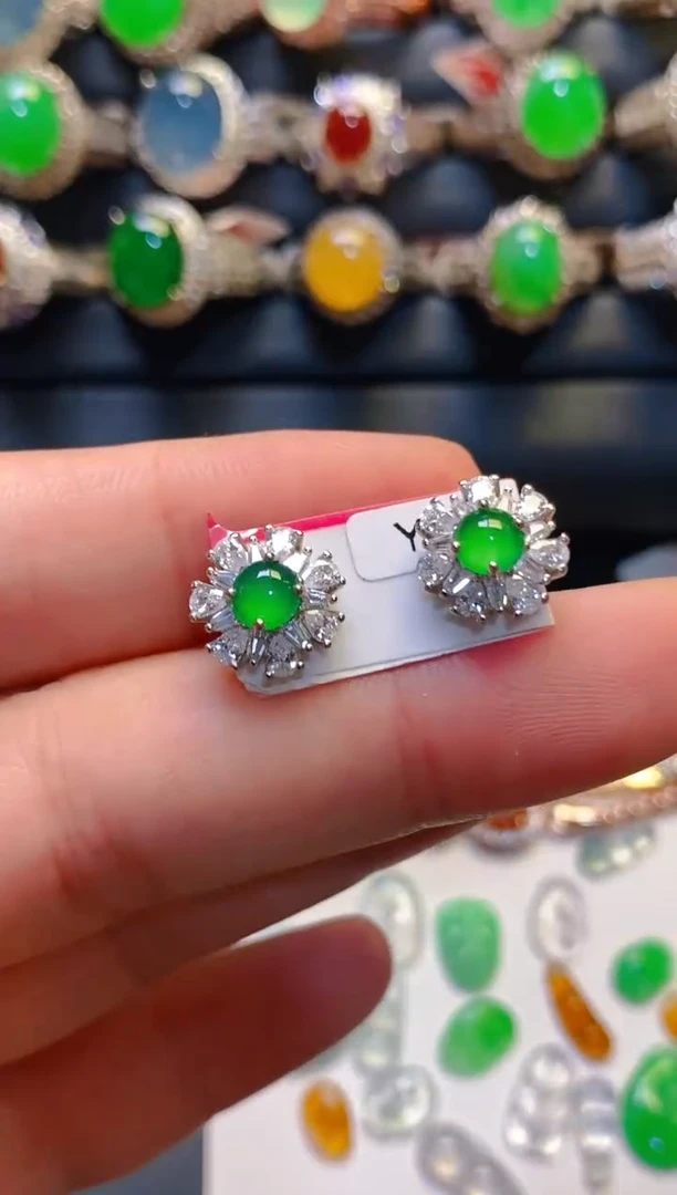 银S925镶嵌翡翠耳饰天然