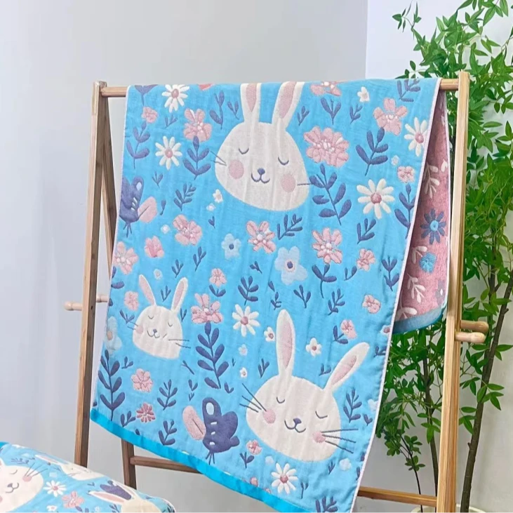 【花朵微笑兔】纯棉多功能纱布柔软休闲毯大浴巾--80*160
