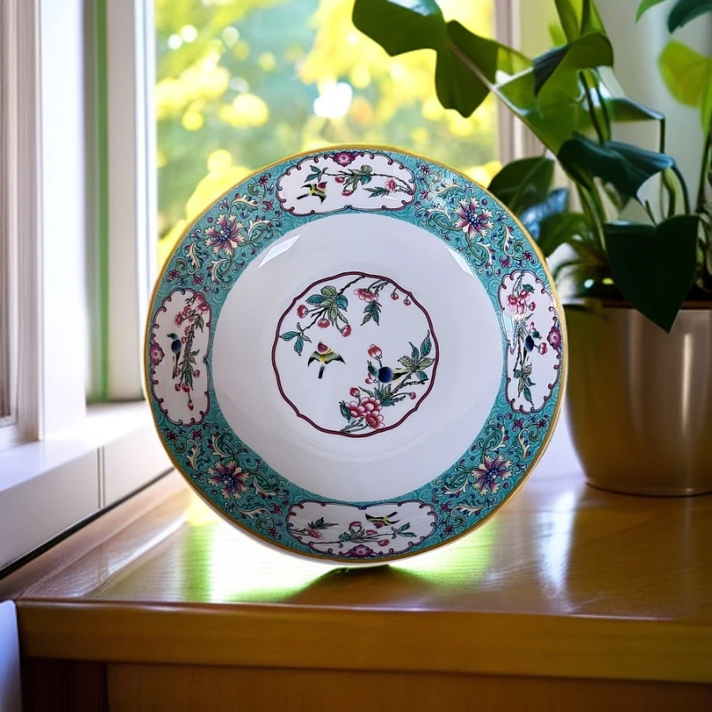 DP-A386湖蓝开窗花鸟盘8英寸1个