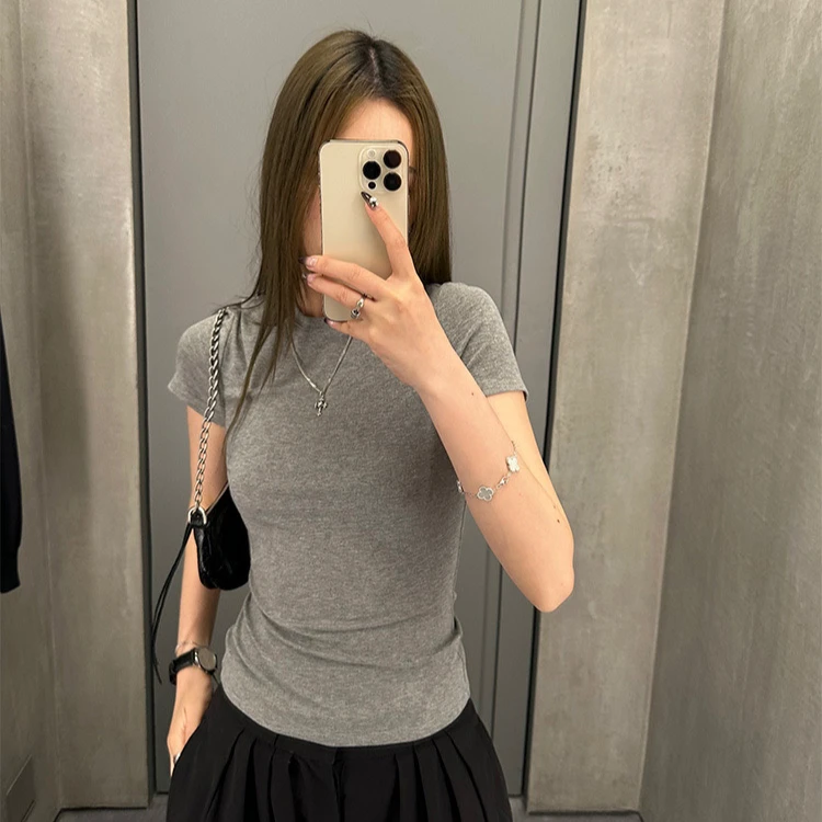 MosesQueen/魔西女王 正肩短袖T恤修身性感收腰显瘦纯色圆领上衣