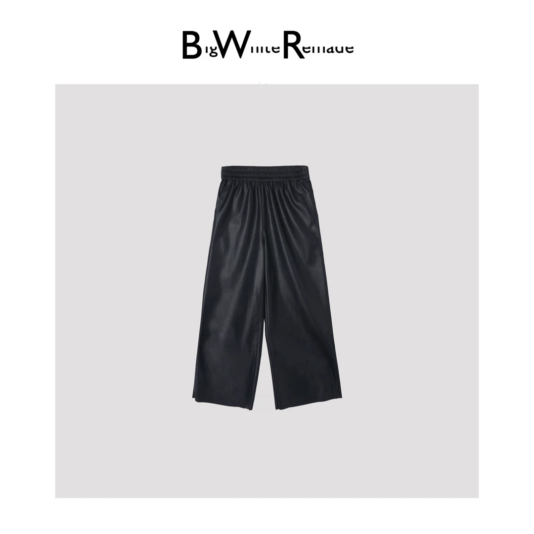 BIG WHITE REMADE“气泡裤”蛋白皮松紧腰赫本黑休闲裤D5L12