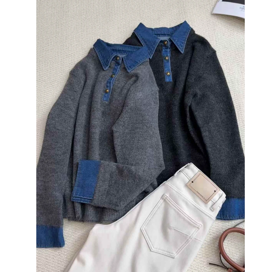 TY8【牛仔伴侣】氛围感拼接牛仔假两件针织衫（衣长60）