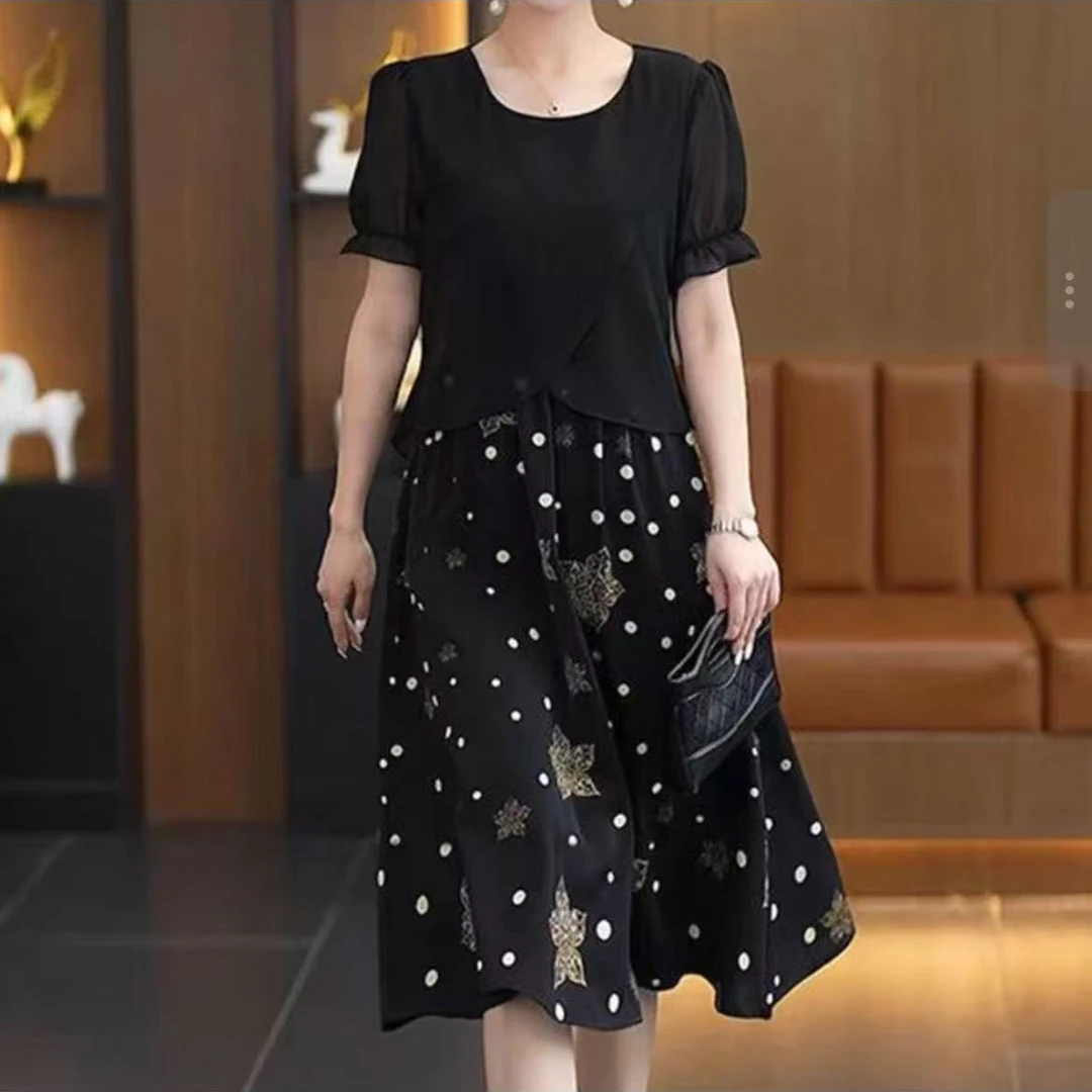 2025夏季新款显瘦假两件连衣裙时尚气质百搭印花女裙子6021长105