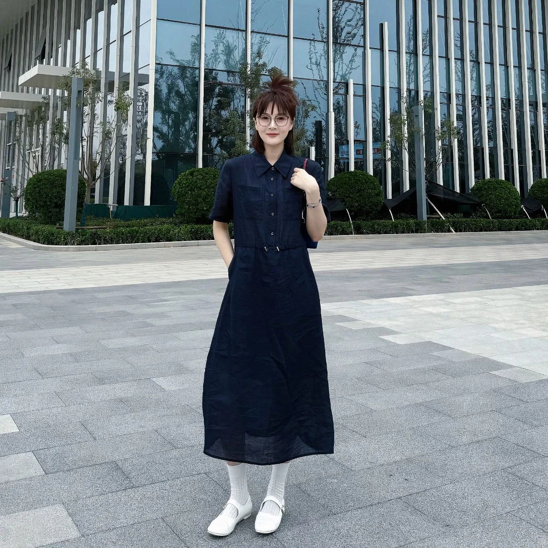 俪妍【LIVELY·YAN】25夏季新款连衣裙51157气质黑色苎麻收腰小众