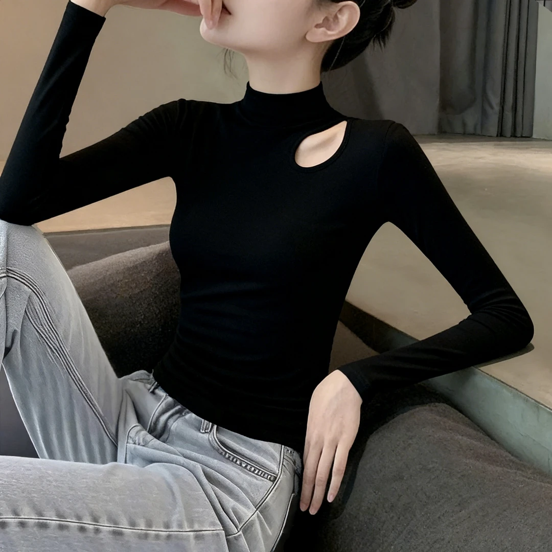 欧货黑色半高领正肩长袖打底衫女内搭新款秋冬洋气镂空设计感上衣