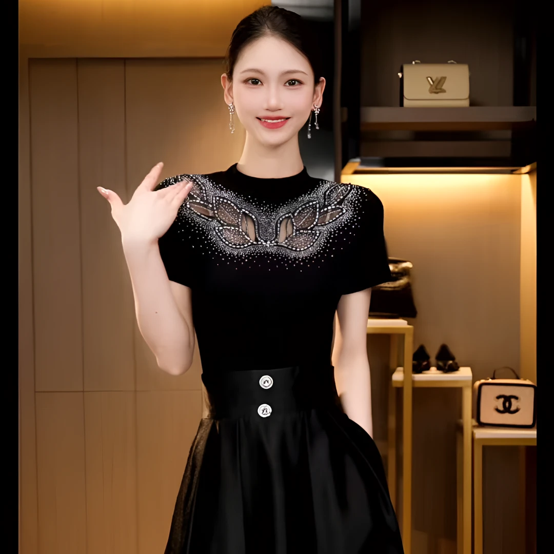 DY25X-653新款花边轻奢镶钻洋气修身显瘦打底衫女潮气质