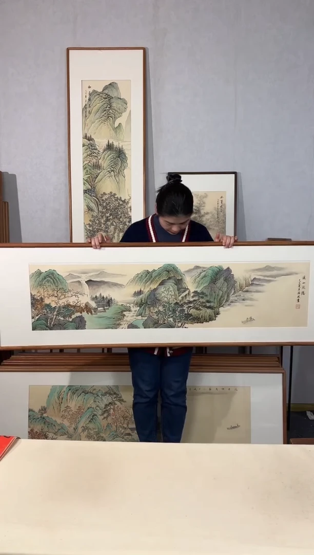 国画手绘*溪山泛隐52*172cm带框发货
