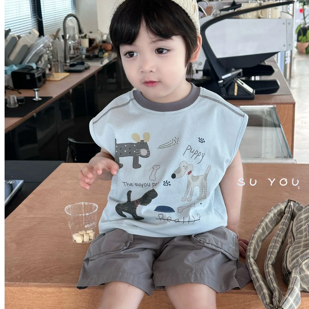 可爱小狗印花背心夏季韩版时尚背心小童无袖卡通夏款男童薄款休闲