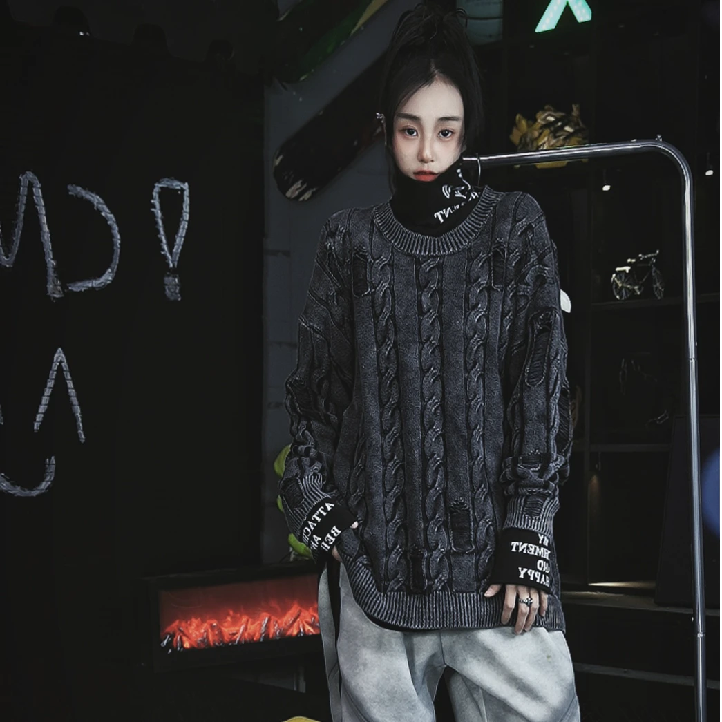 NY美式慵懒风破洞麻花长袖针织衫毛衣2024年秋季新款宽松百搭上衣