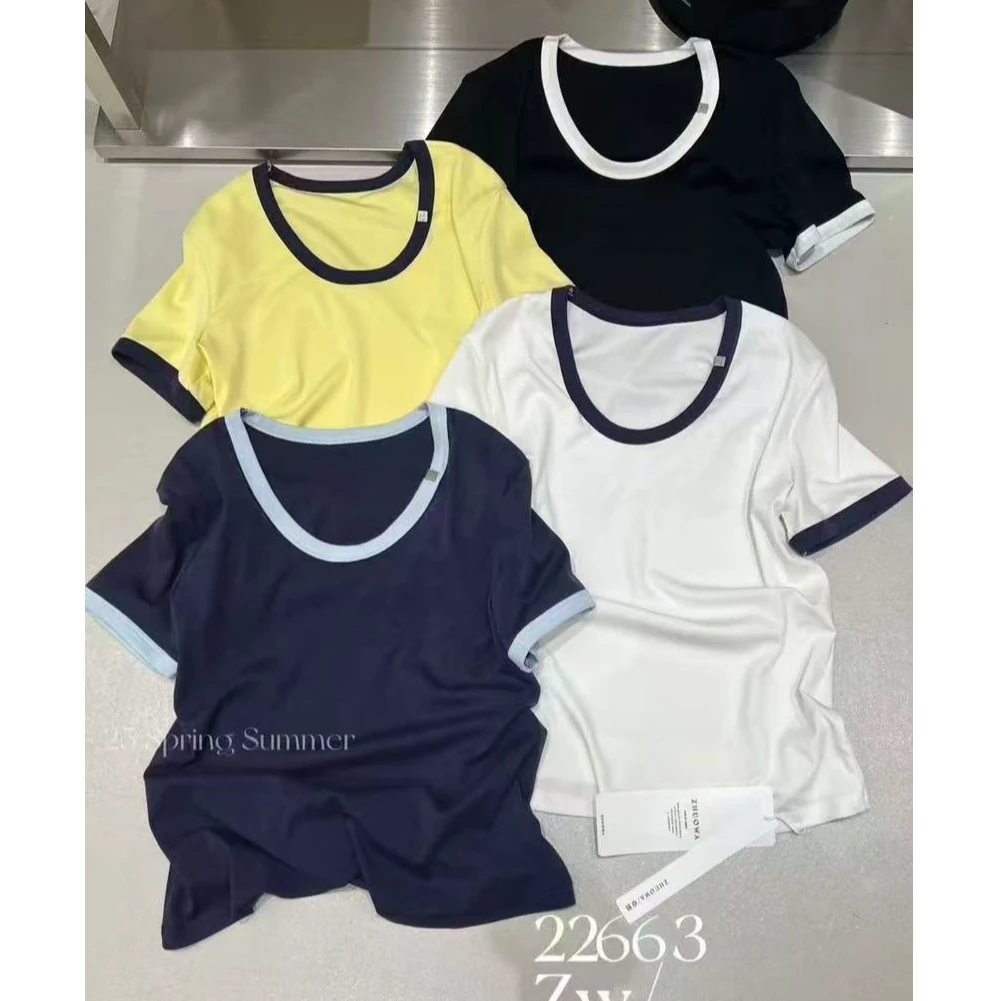 22663 夏季新款短袖T恤百搭休闲纯色拼色圆领时尚T恤女【衣屋】