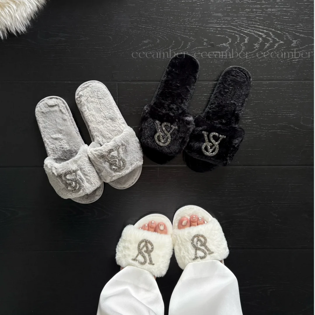 小香风棉拖鞋女秋冬季水钻外穿毛毛绒软底外贸一字室内家居家拖鞋