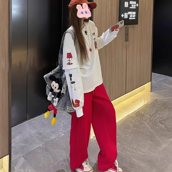 卡通印花圆领卫衣女新款2024冬季爆款加绒卫裤洋气宽松减龄一整套
