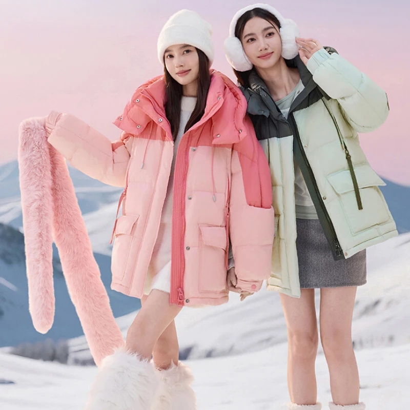 韩系时尚拼色连帽棉服女2025年冬季小个子穿搭面包服加厚宽松外套