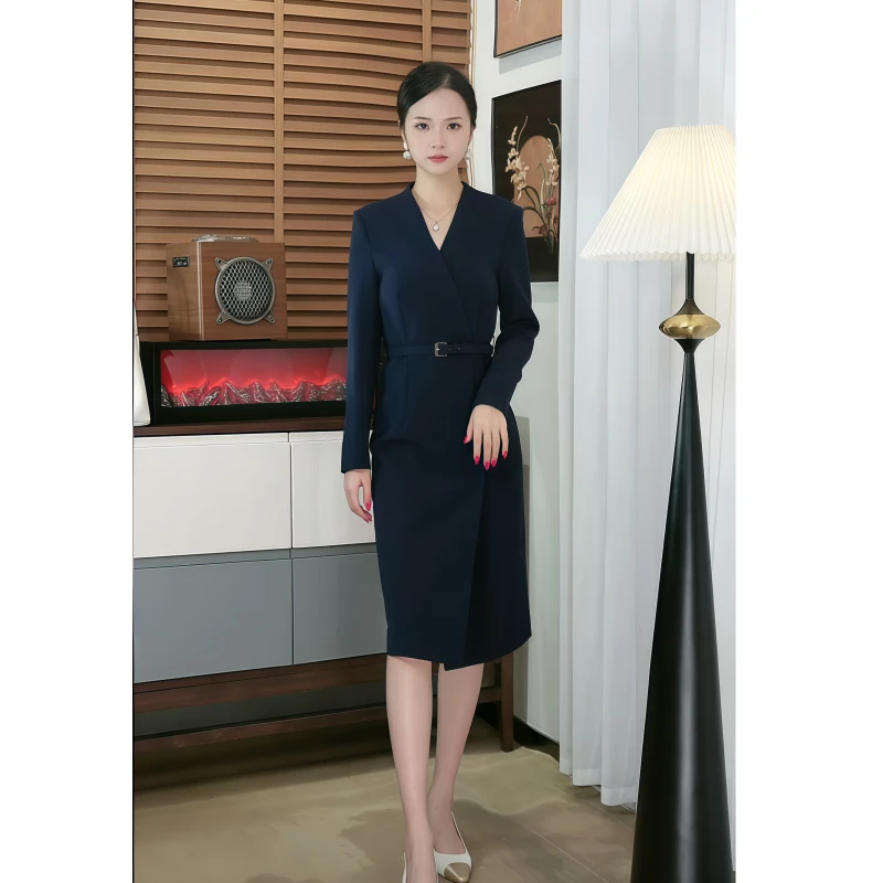 藏青色连衣裙女春秋冬长袖显高显瘦显白2025年款通勤职业装西装裙