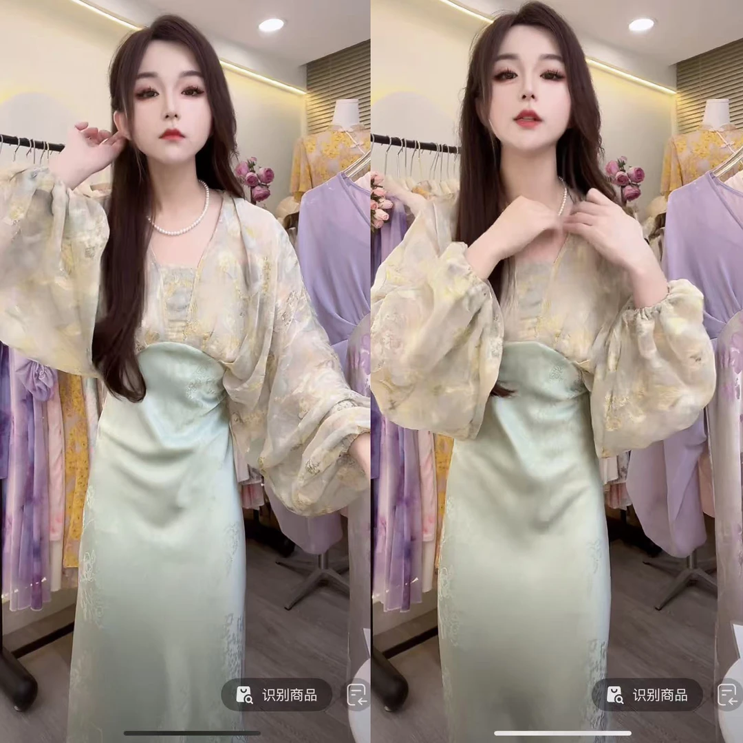 现550-7#提花缎面高腰连衣裙高级感时尚气质显瘦假两件裙子新款