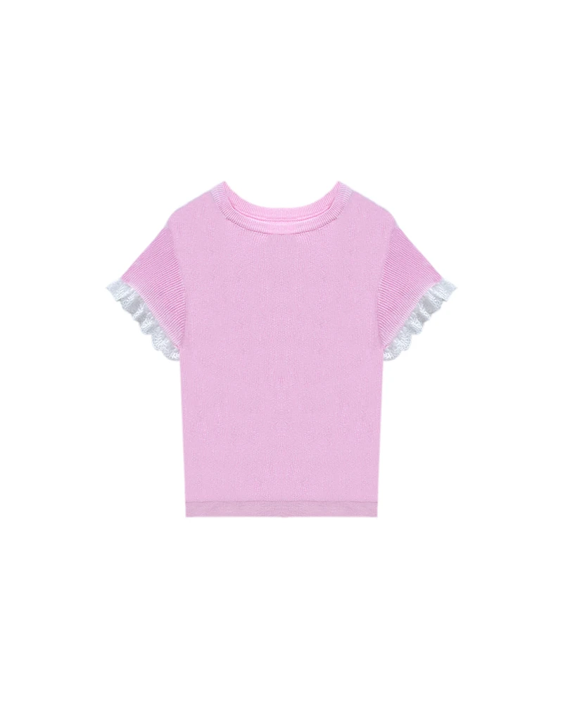 5224蕾丝拼接冰丝短袖针织衫女2025夏季小个子后背镂空百搭上衣薄